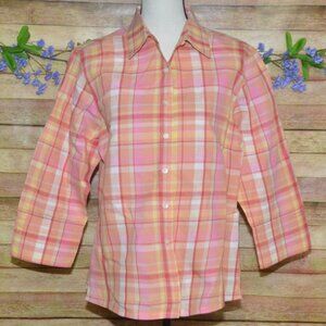 Talbots Ladies L Petite Peach Plaid Button Up Shirt Irish Linen Blend 3/4 Sleeve